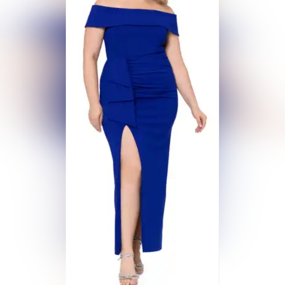 Xscape Evenings"Camila" Long Off the Shoulder Scuba Crepe Dress